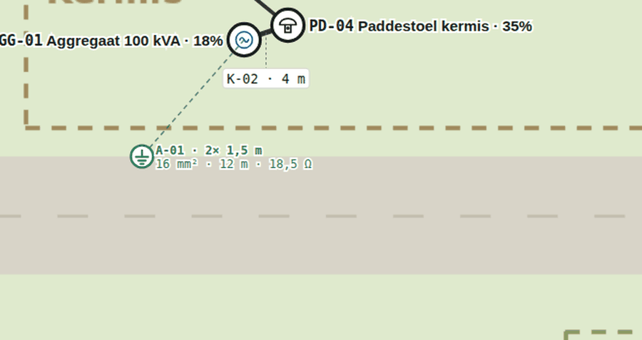 Aardpen op de plattegrond met code, lengte en gemeten weerstand